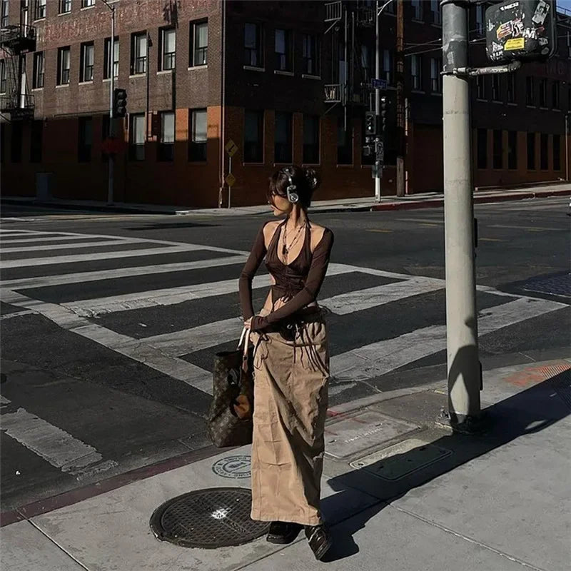 2025 New Dark Y2k Punk Drawstring Bandage Sexy Camis Techwear Backless Long Sleeve Crop Tops Women's Bodycon Summer Streetwear