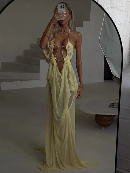 Halter Chain Ruched Mesh Maxi Dress