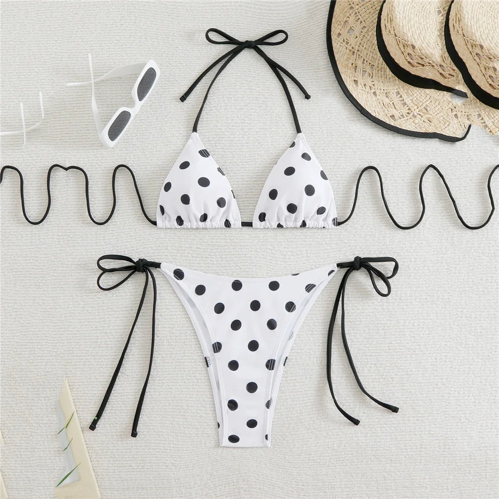 Polka Dot Print Swimsuit Halter String