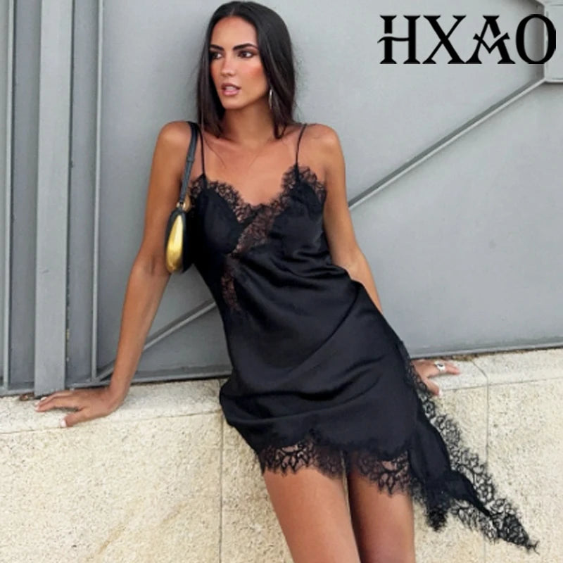 Black Satin Asymmetrical Lace Slip Dress
