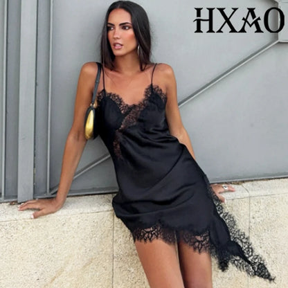 Black Satin Asymmetrical Lace Slip Dress
