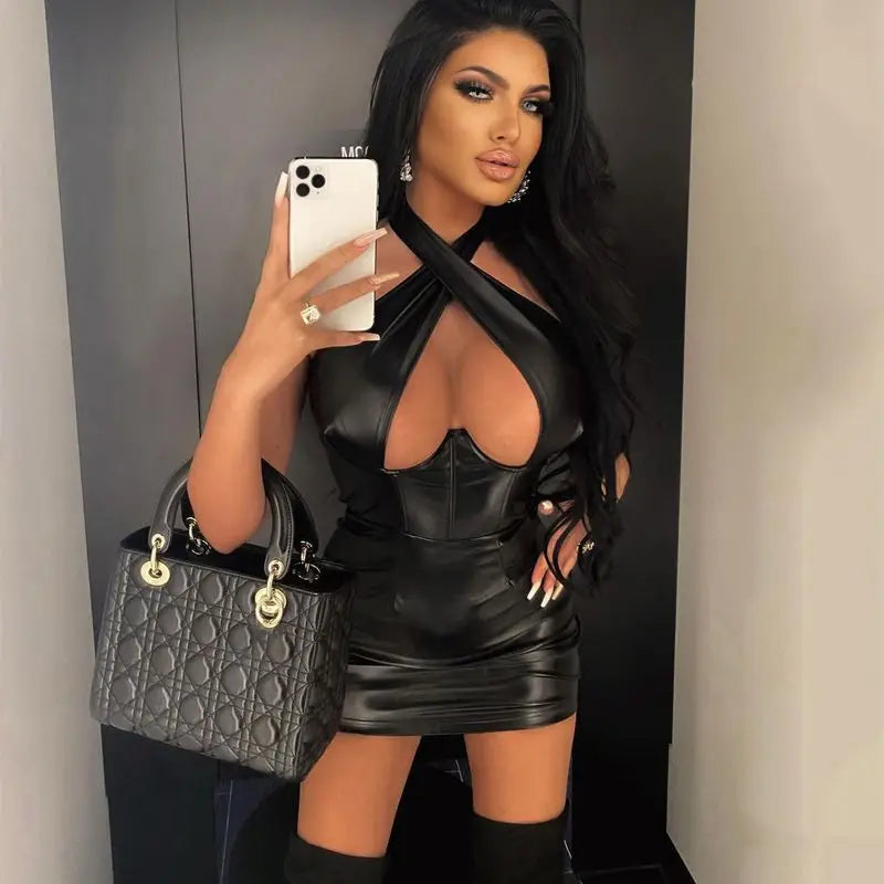 Off-Shoulder Faux Leather Bodycon Dress