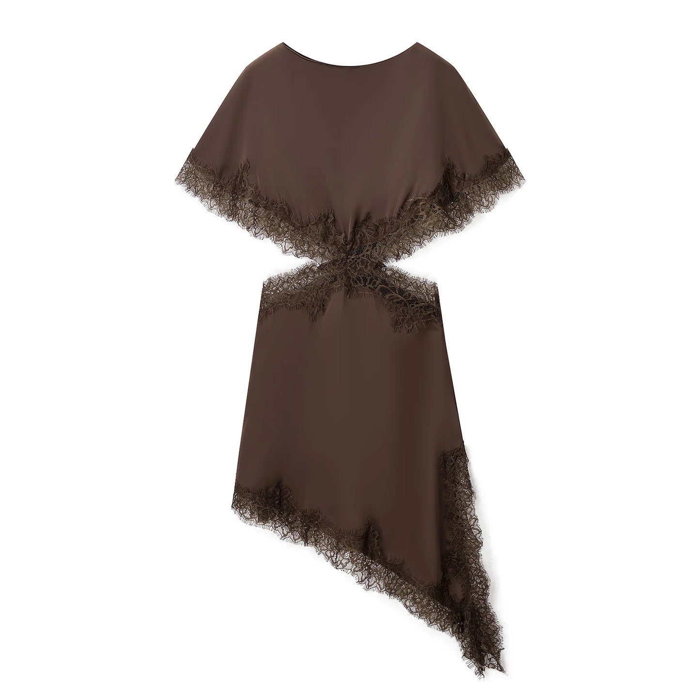 KONDALA Sexy Waist Hollow Dress Women Satin Asymmetrical Hem Lace Dress 2026 Spring Summer Fashion Holiday Dating Party Dress