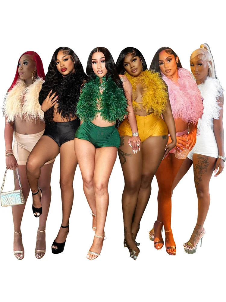 Luxury Fur Patchwork 2 Pieces Set for Woman Outfit Summer 2025 New Tank Top and Stretch Shorts Midnight Club Wear Party Suits