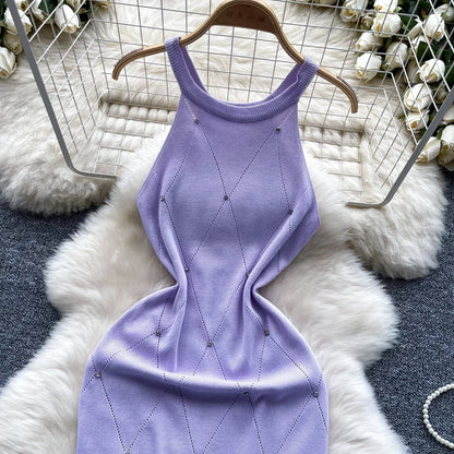 Beaded Halter Knit Bodycon Mini Dress