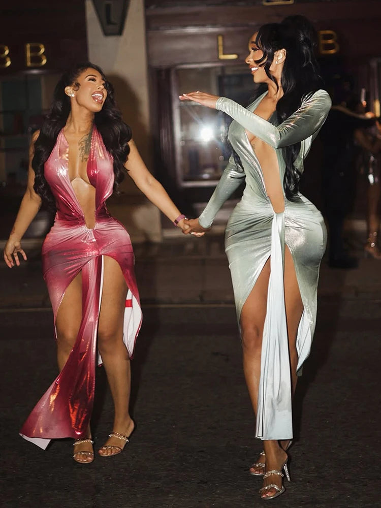 Weird Puss Sexy Silky Split Dress Women Irregular Ribbon Gradient Color Deep V-Neck Coquette Hottie Street Elegant Slim Bodycon