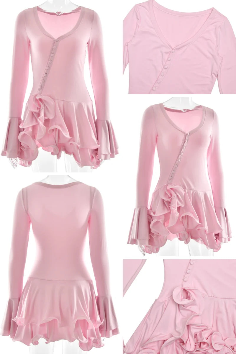 Ruffled V-Neck Button Mini Dress
