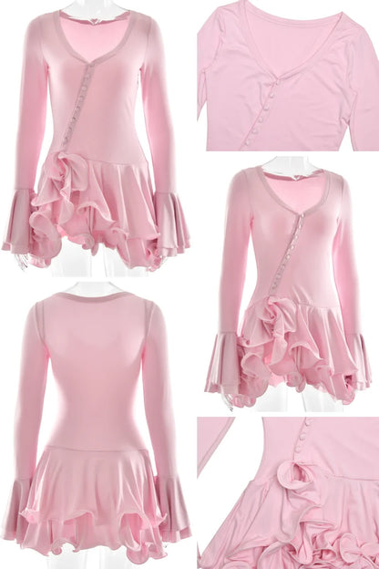 V-Neck Ruffle Hem Asymmetrical Button Mini Dress