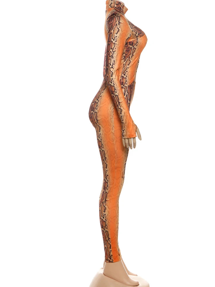 Weird Puss Snake Print Jumpsuit Woman Sexy Cirque Hollow Full Sleeve Skinny Fitness Midnight Clubwear Party Coquette Overalls