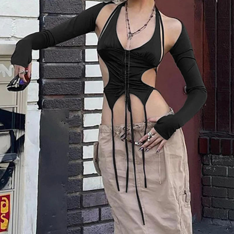 2025 New Dark Y2k Punk Drawstring Bandage Sexy Camis Techwear Backless Long Sleeve Crop Tops Women's Bodycon Summer Streetwear