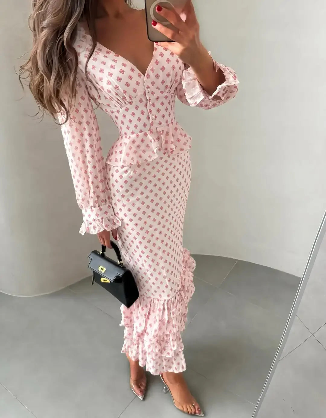 Ruffled-edge Dress Chic V-neck Long Sleeve