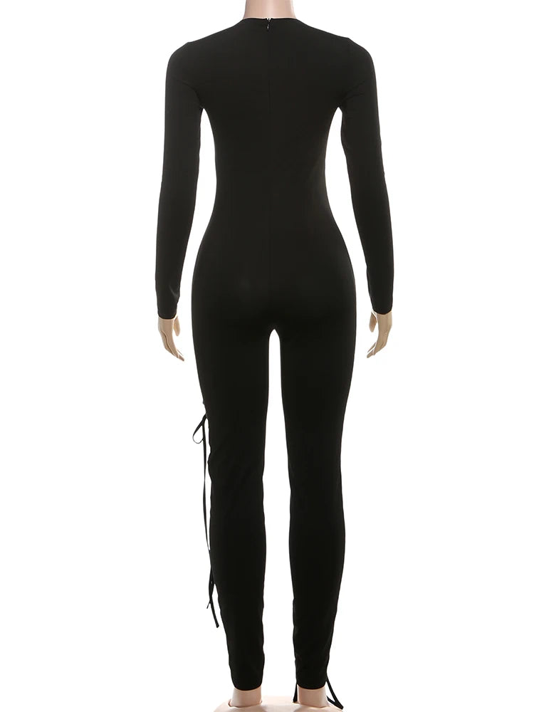 Weird Puss Sexy Fall Jumpsuits Women Diy Shirring o-Neck Full Sleeve Midnight Party Club Stretch Activity Fitness Slim Overalls