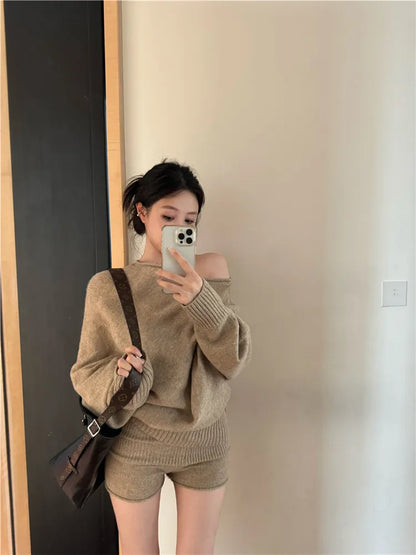 One-Shoulder Sweater & Mini Shorts Set