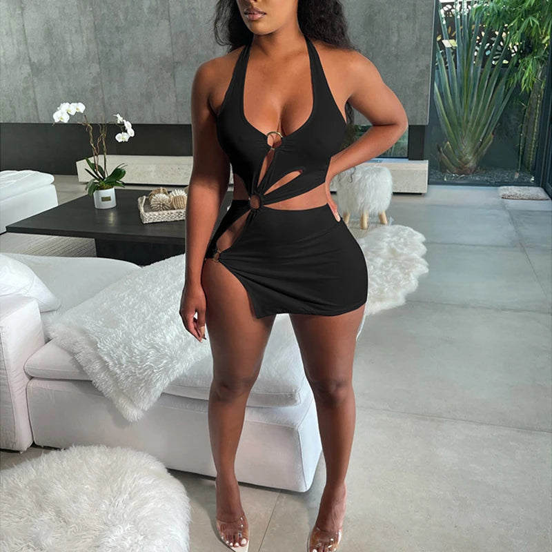 Summer Dresses Woman 2022 High Street Stretch Slim Hollow Sexy Mini Bodycon Dress Elegant Orange Sleeveless Club Party Sundress