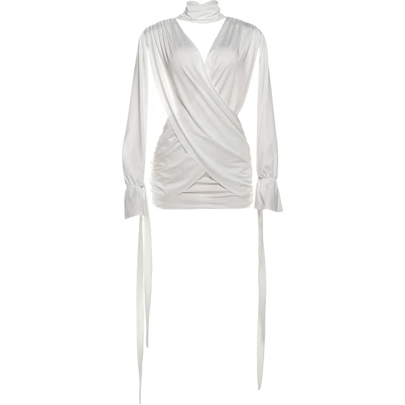 Weird Puss Sexy Halter Dress Women Ribbon Hollow Full Sleeve Cross Ruched Backless Stretch Skinny Midnight Party Club Bodycon