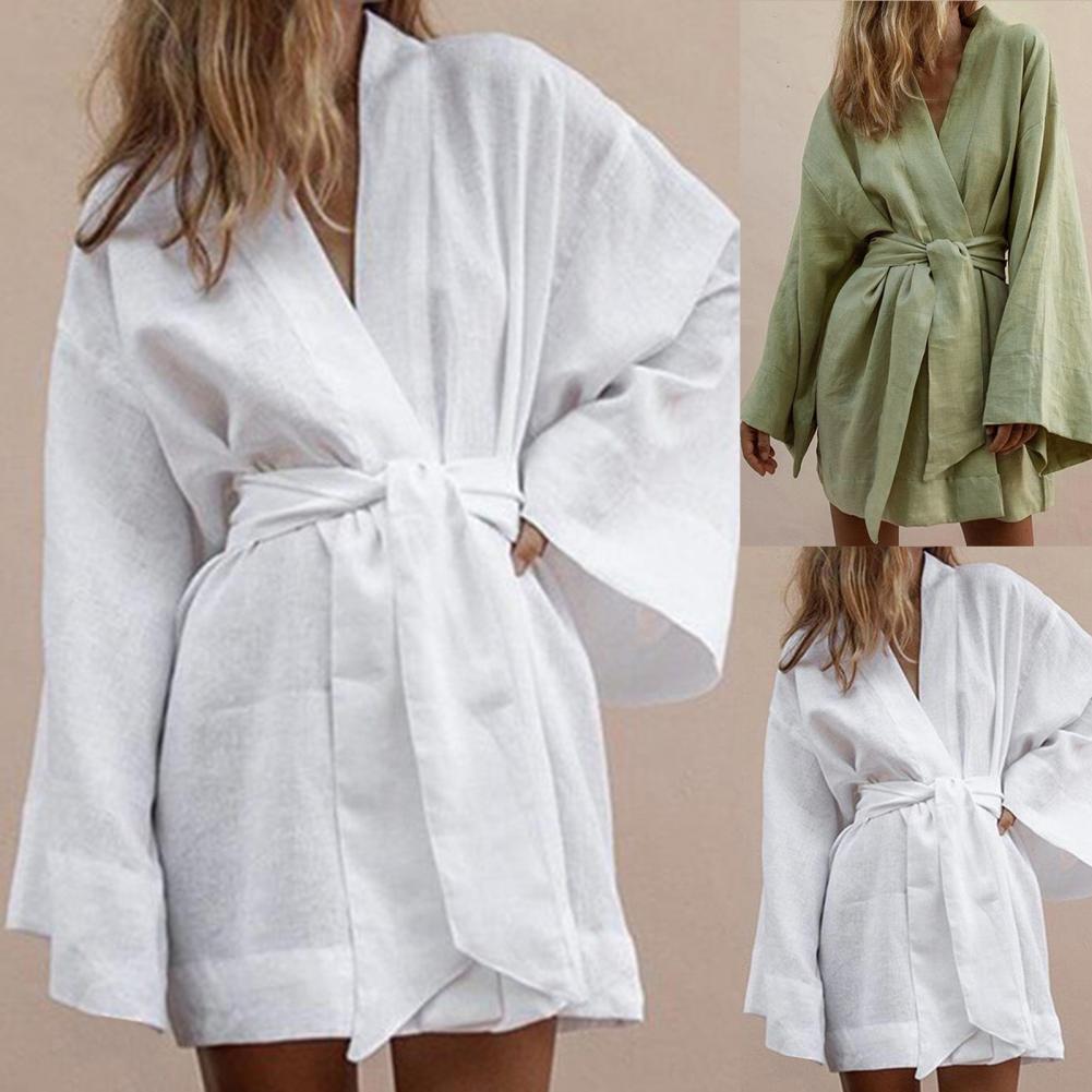 Long Sleeve V Neck Mini Dress Lace Up V Neck Belt Robe Style Short Shirt Dress Comfy Soft Chic Loose Hem Cardigan Dress