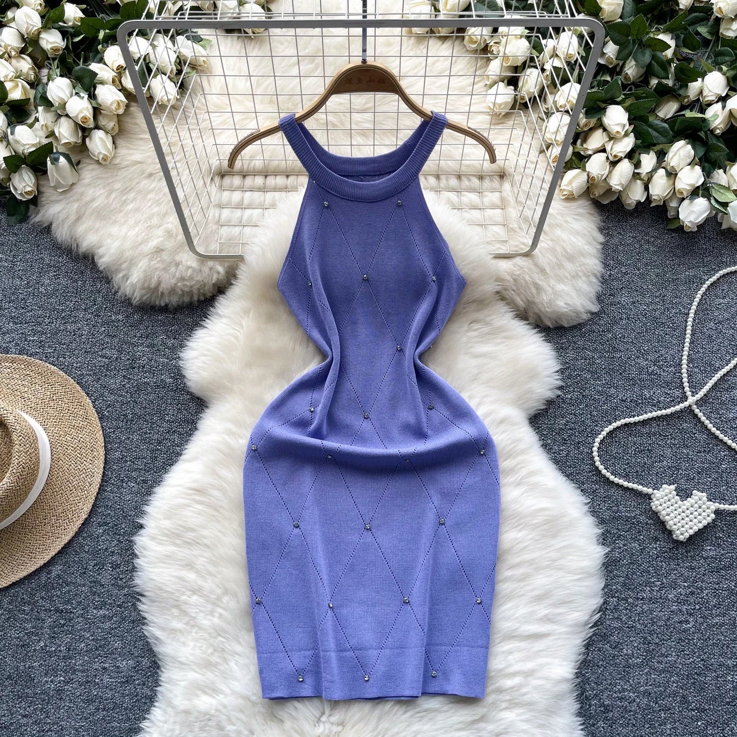 Beading Halter Women's Knitting Sheath Tank Dress Female Bodycon Knitted Camisole Sleeveless Mini Dresses For Woman Outfits