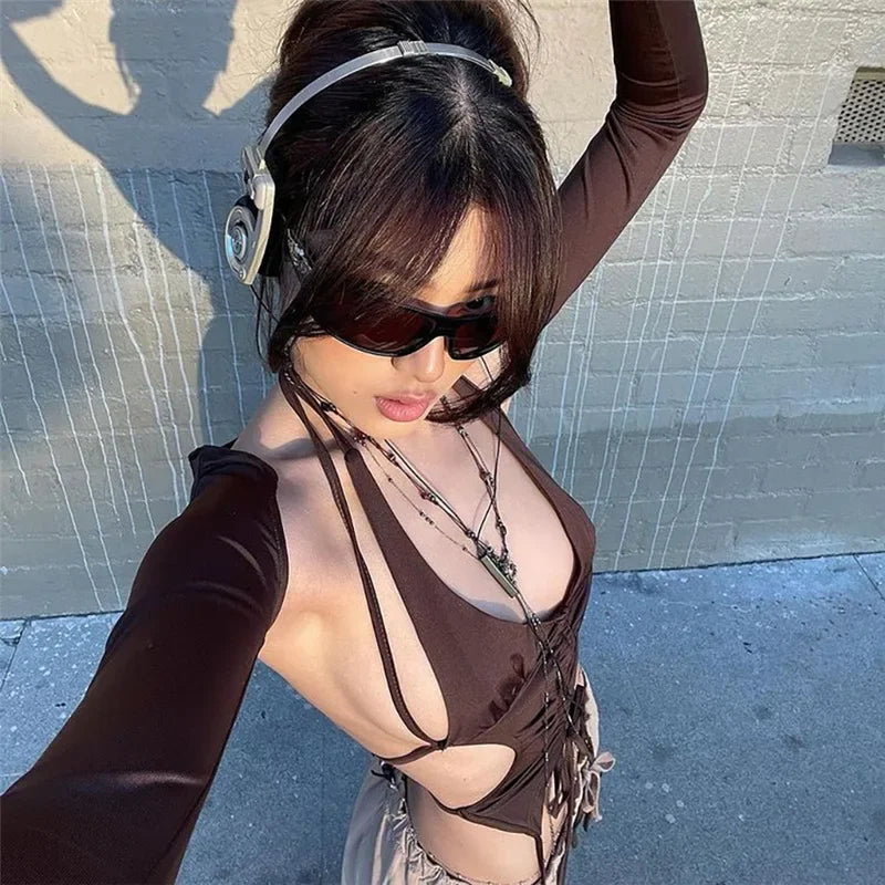 2025 New Dark Y2k Punk Drawstring Bandage Sexy Camis Techwear Backless Long Sleeve Crop Tops Women's Bodycon Summer Streetwear