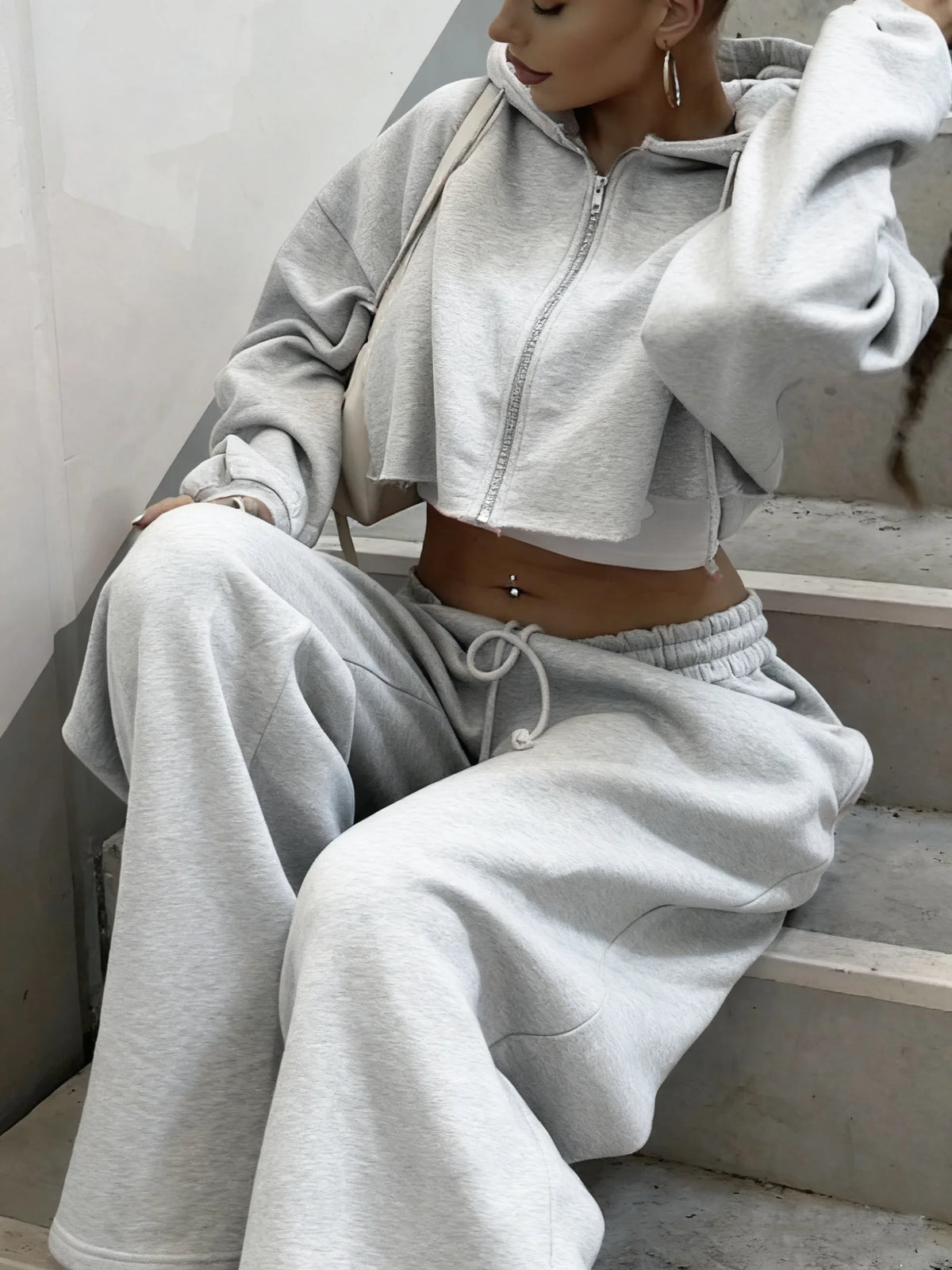 Hooded Zip Crop Sweatshirt & Sweatpants Set
