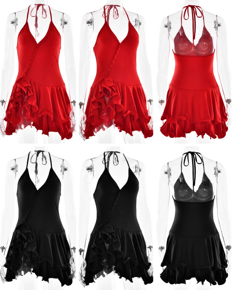 Ruffled V-Neck Button Mini Dress