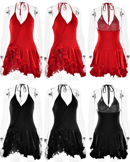 V-Neck Ruffle Hem Asymmetrical Button Mini Dress