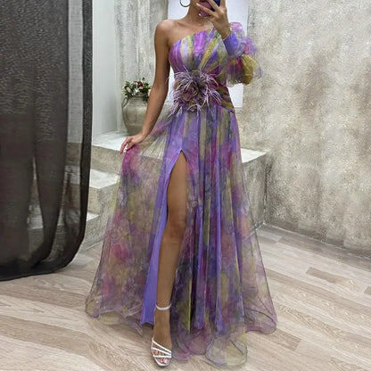 Formal Party Dress One Shoulder Tie-dye