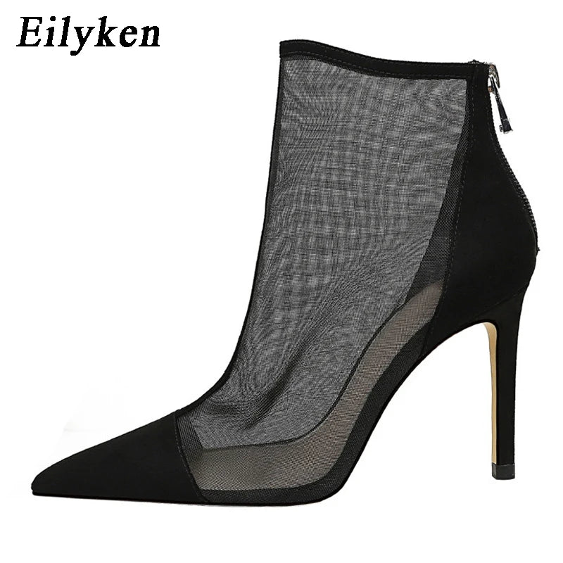 Eilyken Spring Autumn Sexy Mesh Women Ankle Boots Pointed Toe Fashion Zip Ladies Party Stiletto High Heels Shoes Size 34-40
