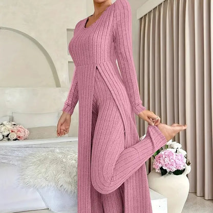 O-Neck Split Top & Slim Trousers Lounge Set