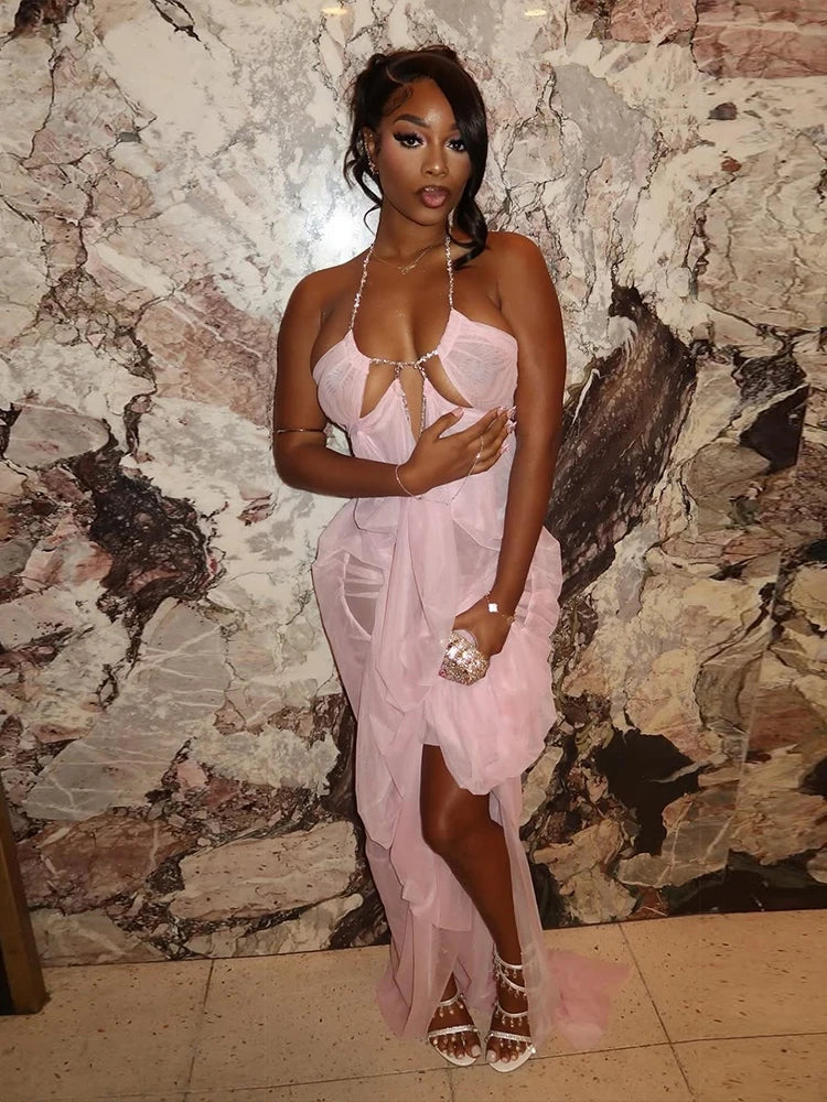 Weird Puss Sexy See Through Dress Women Sexy Halter Chain Backless Irregular Ruched Patchwork Vacation Birthday Party Clubwear