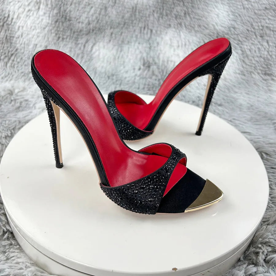 Diamond Black print high heeled slippers