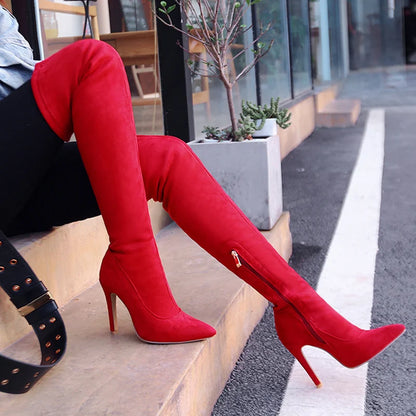 Stretch Black Red Thigh High Boots