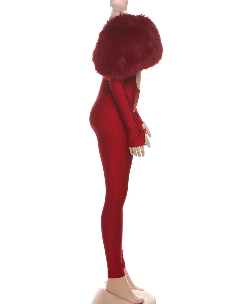 Nibber Hollow Slash Neck Jumpsuits Woman Furry Patchwork Autumn New Trend Sexy Navel Exposed Skinny Peach Hip Hottie Clubwear