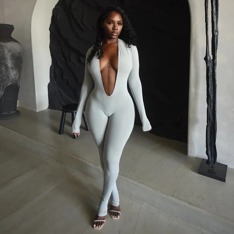 STYLISH LADY Cut Out Jumpsuits 2025 Autumn Women Long Sleeve V Neck Backless Bodycon Sexy Club Party Rompers Jumpsuits