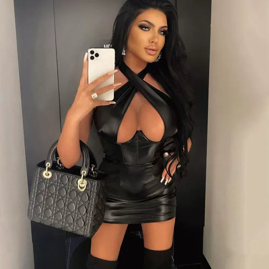 Sexy Off Shoulder Wrap Chest Hollow Out Imitation Leather Bodycon Dress Women Sleeveless Skinny Evening Dress Club Party
