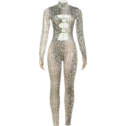 Serpentine Print Hollow-Out Jumpsuit
