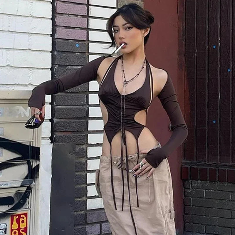 2025 New Dark Y2k Punk Drawstring Bandage Sexy Camis Techwear Backless Long Sleeve Crop Tops Women's Bodycon Summer Streetwear