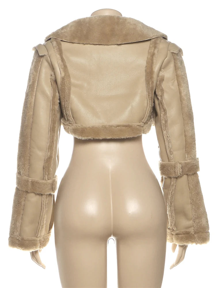 Weird Puss Furry Patchwork Women Crop Jacket Hipster Full Sleeve Open Stitch Hipster Streetwear Warm Outwear Basic Wild Coat