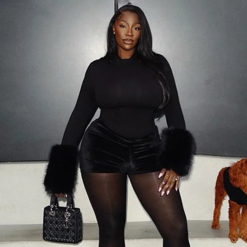 FAGADOER Winter New Sexy Fur Patchwork 2 Pieces Set for Woman Outfits Long Sleeves Bodycon Playsuits + Shorts Female Streetwear