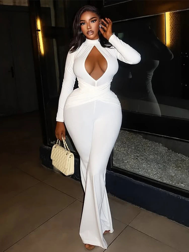 Weird Puss Sexy Hollow Jumpsuits Woman Elegant Spring Turtleneck Full Sleeve Skinny Midnight Club Party Stretch Flare Overalls