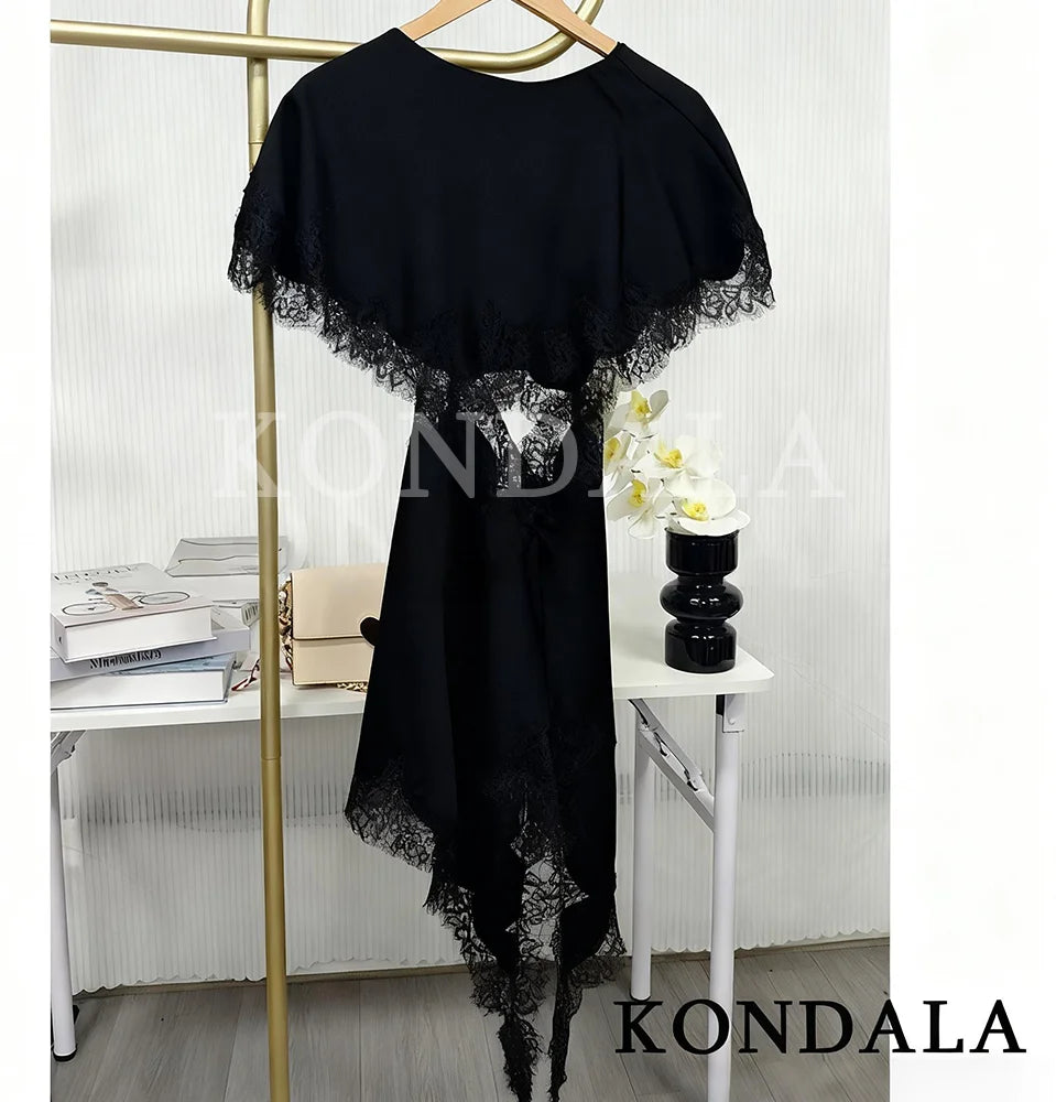 KONDALA Sexy Waist Hollow Dress Women Satin Asymmetrical Hem Lace Dress 2026 Spring Summer Fashion Holiday Dating Party Dress