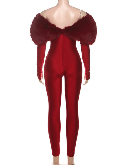Feather Trim Slash Neck Jumpsuit