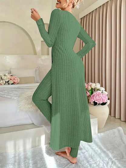 Solid Round Collar Slit Top and Trousers Set