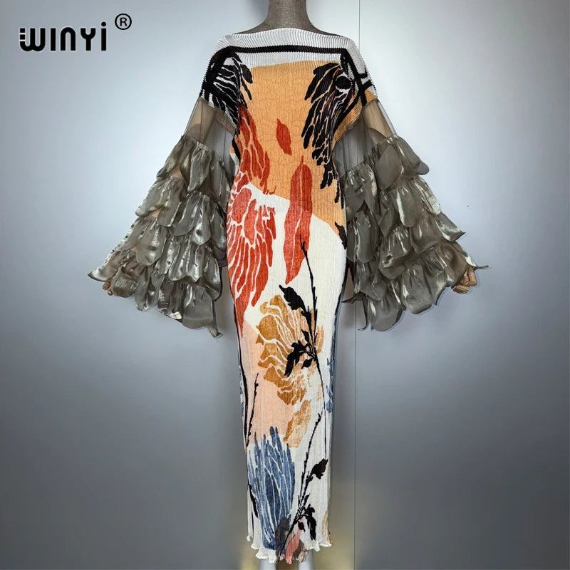 Elastic Slim Pleated Maxi Dress