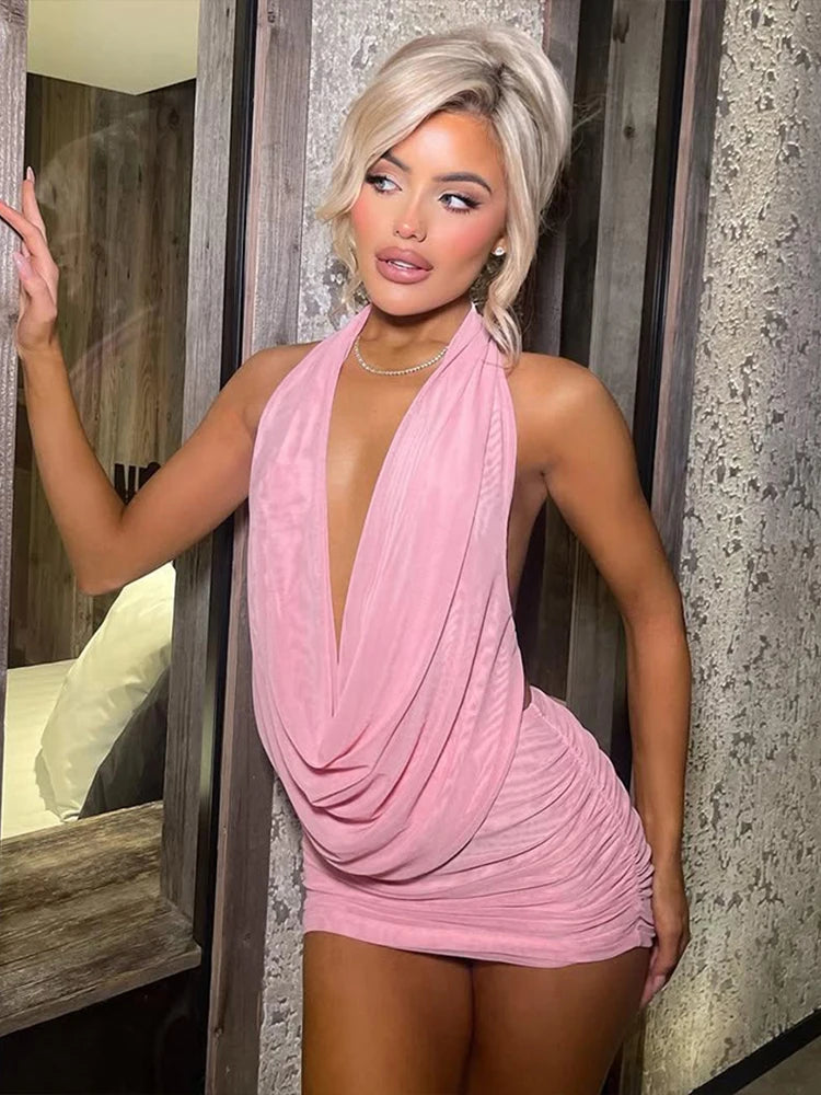 kliou Mesh Swinging Pleated Women 2 Piece Set Summer Solid Simple Halter Backless Chic Tops+Shirring Mini Skirts Coordinate Suit