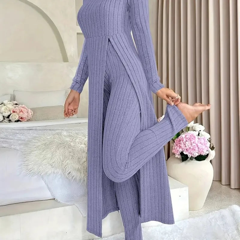 O-Neck Split Top & Slim Trousers Lounge Set