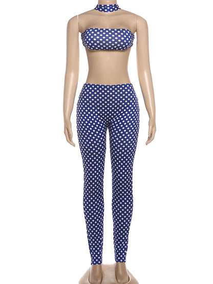 Dot Print Backless Halter Two-Piece Set