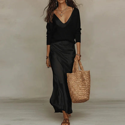 Knitted Sweater & Satin Midi Dress Set