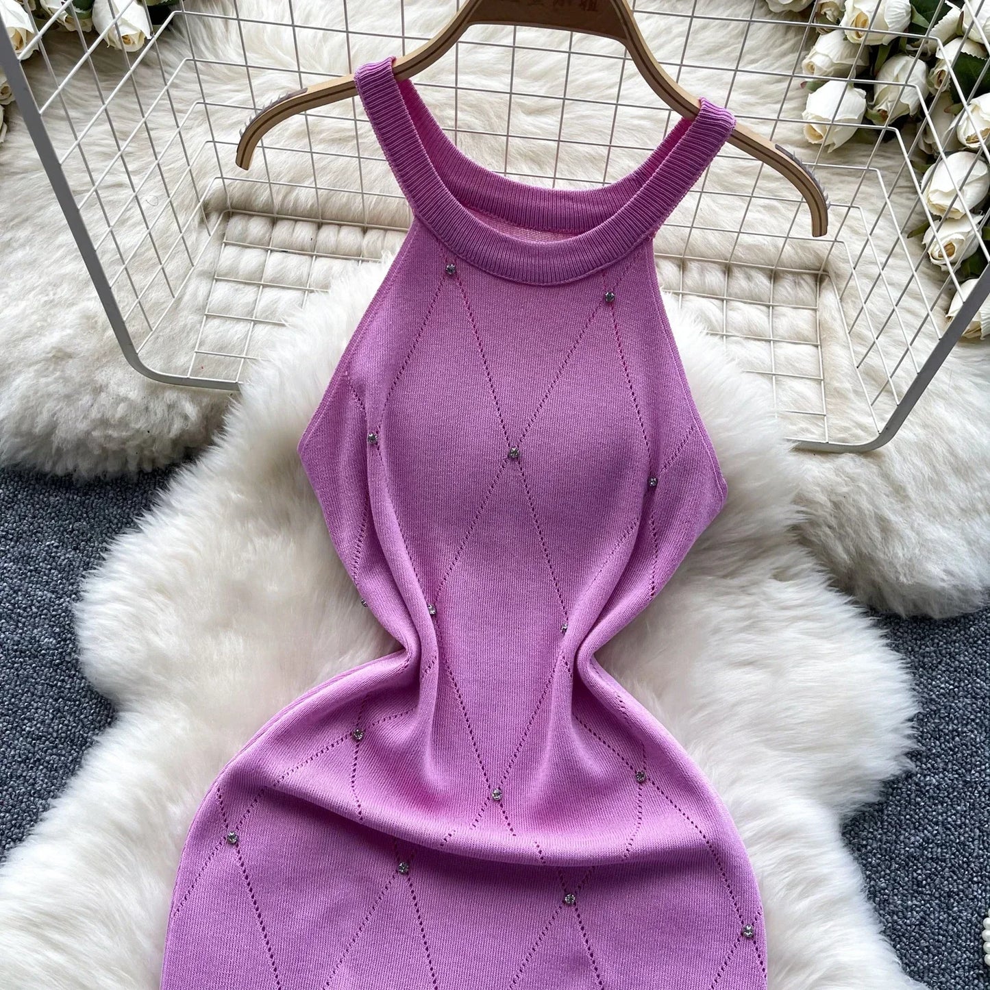 Beading Halter Women's Knitting Sheath Tank Dress Female Bodycon Knitted Camisole Sleeveless Mini Dresses For Woman Outfits