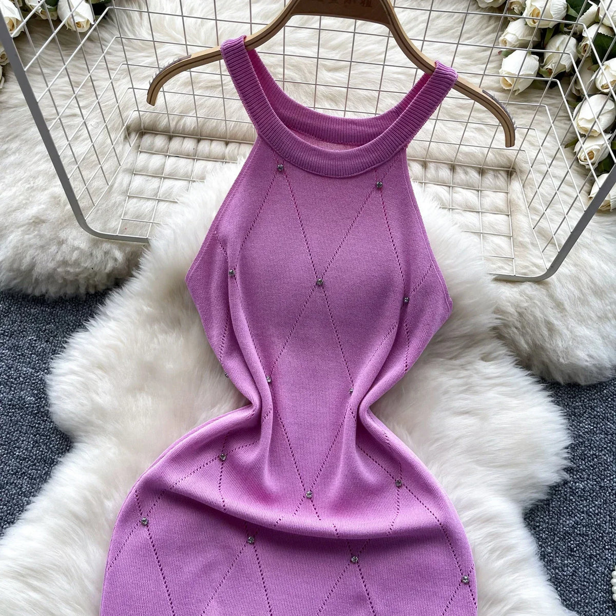 Beaded Halter Knit Bodycon Mini Dress