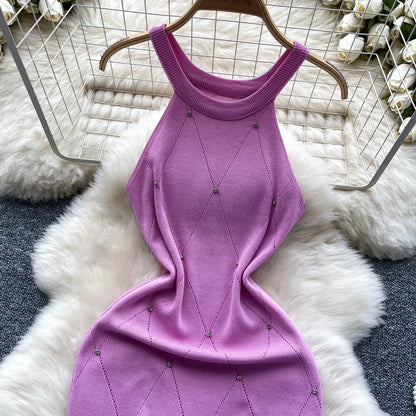 Beaded Halter Knit Bodycon Mini Dress